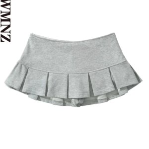 XNWMNZ 2024 Women Fashion Low waist Mini Skirt Wide Pleat Terry fabric Side Zipper A Line Skort The Spice Girls Hot Sweet Female