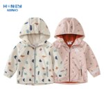HONEYKING Baby Fleece Jacket Spring Autumn Girls Outerwear Kids Floral Print Hooded Waterproof Coat Children Raincoat Clothes