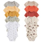 New Born Bodysuits Unisex 5Pieces Baby Girl Clothes Solid Color Cotton Baby Boy Clothes Set Cartoon Print Summer Bebes