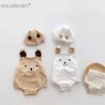 2023 New In Summer Infant Newborn Baby Girls Boys Cartoon Bear Print Outfits Kids Cotton Jumpsuits Gift Hat Bodysuits