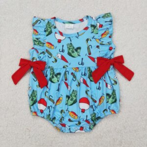 3.27y NEW stock baby summer girls romper wholesale boutique fishing float red bow blue vest rompers
