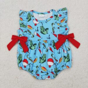 3.27y NEW stock baby summer girls romper wholesale boutique fishing float red bow blue vest rompers