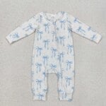 Wholesale Baby Girl Blue Bows Zipper Infant Children Long Sleeves Romper Toddler Kids Newborn Pajamas Coverall Bodysuit