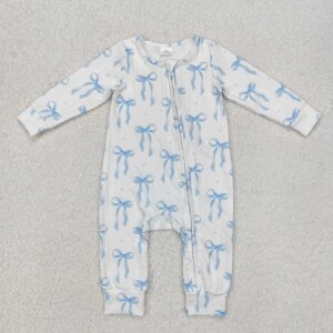 Wholesale Baby Girl Blue Bows Zipper Infant Children Long Sleeves Romper Toddler Kids Newborn Pajamas Coverall Bodysuit