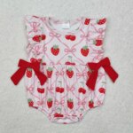 New rts summer baby girl pink rompers wholesale boutique strawberry cherry bow pattern girl romper