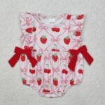 New rts summer baby girl pink rompers wholesale boutique strawberry cherry bow pattern girl romper