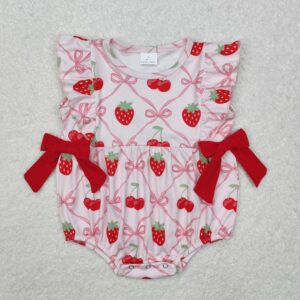 New rts summer baby girl pink rompers wholesale boutique strawberry cherry bow pattern girl romper