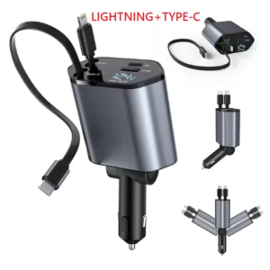 4 in 1 Retractable Car Charger, 100W Quick Charge with 2 USB Port, Retractable Iphone Charger & Tap-c Charger, Retractable Cable