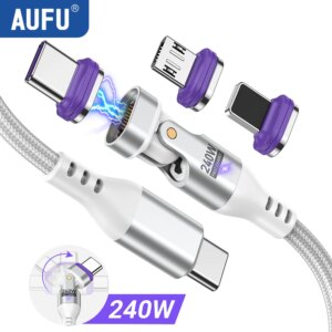 AUFU 180 rotate 240W Magnetic USB C Cable For Macbook laptops Magnet Type C Fast Charging Cable for iPhone iPad Samsung Xiaomi