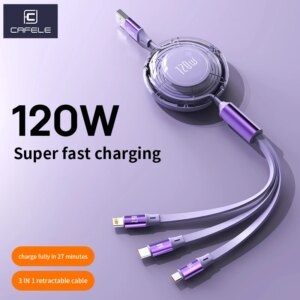 CAFELE Retractable Charger Cable for iPhone 16 15 14 13 12 11 120w 3 in 1 Fast Charging USB C Lightning Micro Multi Cord