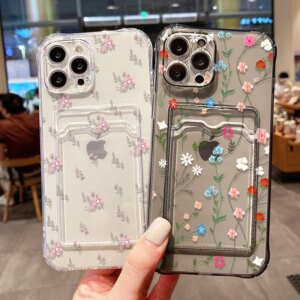 Flower Phone Case For iPhone 16 Pro Max Case iPhone 13 11 12 14 15 Pro Max XR XS X 8 7 Plus SE Card Slot Bag Holder Soft Cover