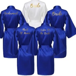 Silk Satin Robes Bridesmaid Bride Robes Bridesmaid Robes Wedding Long Robe Bathrobe Gold Print Royal Blue Robe