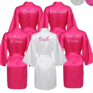 2019 Silk Satin Bridesmaid Sexy Robes Bridal Bath Robe Hot Pink Robes Wedding Silver Matte Printing White Bathrobe Short