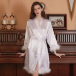 Ladies' feather decorated morning robe, sleeping robe, fashionable and sexy home clothes, bathrobe, Valentine's Day gift