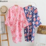 100% Cotton Women's Kimono Pajamas Robes Japanese Style Floral Print Loose Long NightGown Cardigan Lace Up Lounge Bathrobe Femme