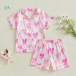 Summer Pajamas Set Bow Print Lapel Short Sleeve Button Down Tops with Shorts Kids Satin 2 Pieces Sleepwear