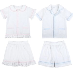 Wholesale 100% Cotton White Baby Clothes Toddler Boys Girls Pajamas Sets Sleepwear 2024 Summer Sibling Outfits Kids Pyjamas