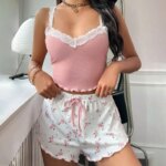 Sexy Female Nighties Women Pajama Set Lace Patchwork V-Neck Sleepwear Cami Top Printed Shorts Soft 2psc Pyjamas Loungewear
