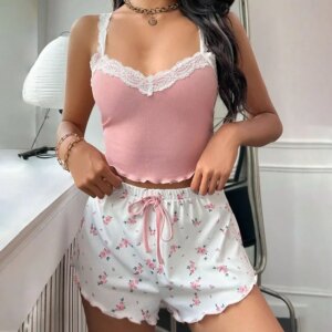 Sexy Female Nighties Women Pajama Set Lace Patchwork V-Neck Sleepwear Cami Top Printed Shorts Soft 2psc Pyjamas Loungewear