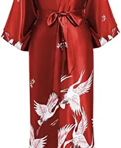 Print Crane Lady Kimono Bathrobe Gown Women Wedding Robe Loose Soft Satin Nightgown Sleepwear V-neck Long Novelty Nightwear