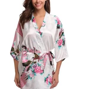 Silk Satin Wedding Bride Bridesmaid Robe Floral Bathrobe Short Kimono Robe Night Robe Bath Robe Fashion Dressing Gown For Women