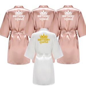 Birthday Party Queen Squad Robes Satin Pajamas Dressing Gown White Writing Kimono Rose Gold Bathrobe