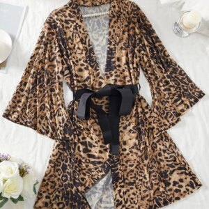 Leopard Print Mesh Bathrobe Sexy Summer Nightdress Cozy Bridesmaid Nightgown Wedding Party Robe Casual Loungewear Pijama