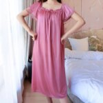 Women Faux Ice Silk Nightgowns Sleeping Dress Medium Length Short Sleeve Nightdress Sexy Sleepwear Home Wear Loungewear Pyjama F