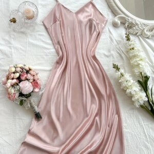 Women's Elegant Solid Color Satin Nightgown V-Neck Midi Summer Lightweight Sexy Strappy Loungewear Soft Luxurious Bright