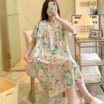 Sexy Nightwear Women Icy Floral Pattern Women Pajamas Dress Butterfly Print Student Sleepwear O- Neck Lace Mid-Length Nightgown