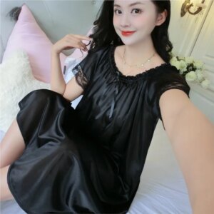 Women Night Gowns Sleepwear Lace Patchwork Nightwear Long Sleeping Dress Casual Ladies Home Dressing