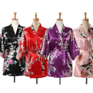 Lace Up Woman Peacock Print Japanese Kimono Yukata Silk Satin Short Style Sleepwear Home Nightgown Bath Robe Costume