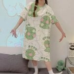 Women Pajamas Dress Round Neck Easy to Clean Large Size Can Be Worn Outside Student Homewear Medium Long Trousers Short Sleeve