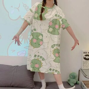 Women Pajamas Dress Round Neck Easy to Clean Large Size Can Be Worn Outside Student Homewear Medium Long Trousers Short Sleeve