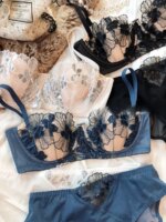 French Lace Flowers Embroidery Underwear Set for Women Sexy Mesh Breathable Push Up Bra Set 1/2 Thin Cup Brassiere Lingerie
