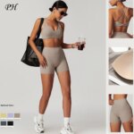 Summer Nude Gym Yoga Fitness Sportswear Women High Waist Elastic Running Shorts Bra Tops Set Indoor Quick Dry Workout Tracksuits
