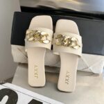 2024 New Fashion Women's Slippers Square Toe Chain Slippers Flat Slide Sandals Beach Flip Flops Metal Decoration Casual Shoes
