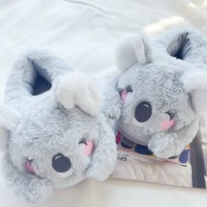 Cute Pink Gray Koala Cartoon Animal Plush Slippers Female Winter Warm Koala Home Woman Slipper