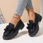 Spring Bowknot Platform Loafers Women Black Faux Leather Slip On Flats Shoes Woman College Style Thick Sole Dress Shoes Size 42