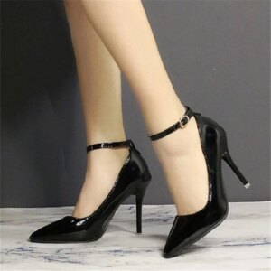 One Word Buckle High Heels 2022 Spring New Patent Leather Stiletto Heel Work Pumps Large Pointed Shallow Mouth Women's Shoes