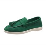 Womens Flock Thick Bottom Driving Shoes Round Toe Flock Tassel White Sole Soft Moccasines In Green Black Wide Fits Slip-On 35-45