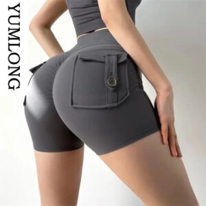 Yoga Shorts Naked Sensation Fabric High-Waisted Pocket Workout Tights Women Stretchy Elastic Activewear Fitness Sport Shorts
