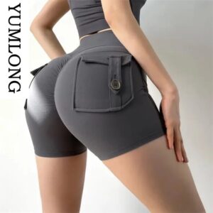 Yoga Shorts Naked Sensation Fabric High-Waisted Pocket Workout Tights Women Stretchy Elastic Activewear Fitness Sport Shorts