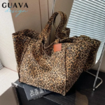 Leopard Pattern Tote Bag Vintage Canvas Shoulder Bag Fashion Big Capacity Handbag For School Work Shopping