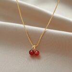 Stainless Steel Wine Red Cherry Gold Colour Pendant Necklace For Women Personality Fashion Necklace Wedding Jewelry Birthday Gif
