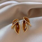 Maillard Brown Color Leaf Geometry Stud Earrings for Women Korean Simple Texture Fashion Cute Girl Jewelry Accessories