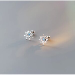 925 Sterling Silver Blue Zircon Sun Small Stud Earrings For Women Piercing Elegant High Fine Jewelry Best Selling