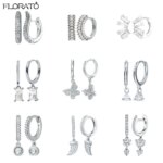 925 Sterling Silver Needle Fashion Geometric Pendant Hoop Earrings for Women White Zircon Earrings 2023 Trend Puncture Jewelry