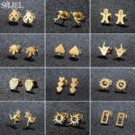 Stainless Steel Mini Stud Earrings for Women Punk Rectangle Sun Strawberry Spades Small Ear Studs Piercing Jewelry Accessory