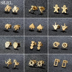 Stainless Steel Mini Stud Earrings for Women Punk Rectangle Sun Strawberry Spades Small Ear Studs Piercing Jewelry Accessory